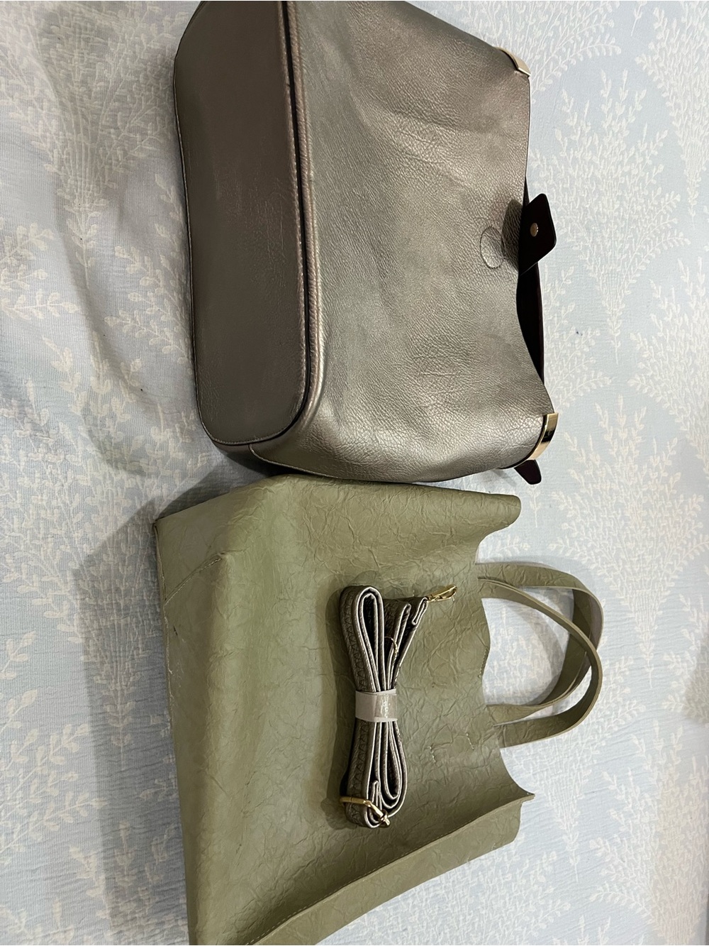 Gray Leather Crossbody Bag and Olive Tote Set